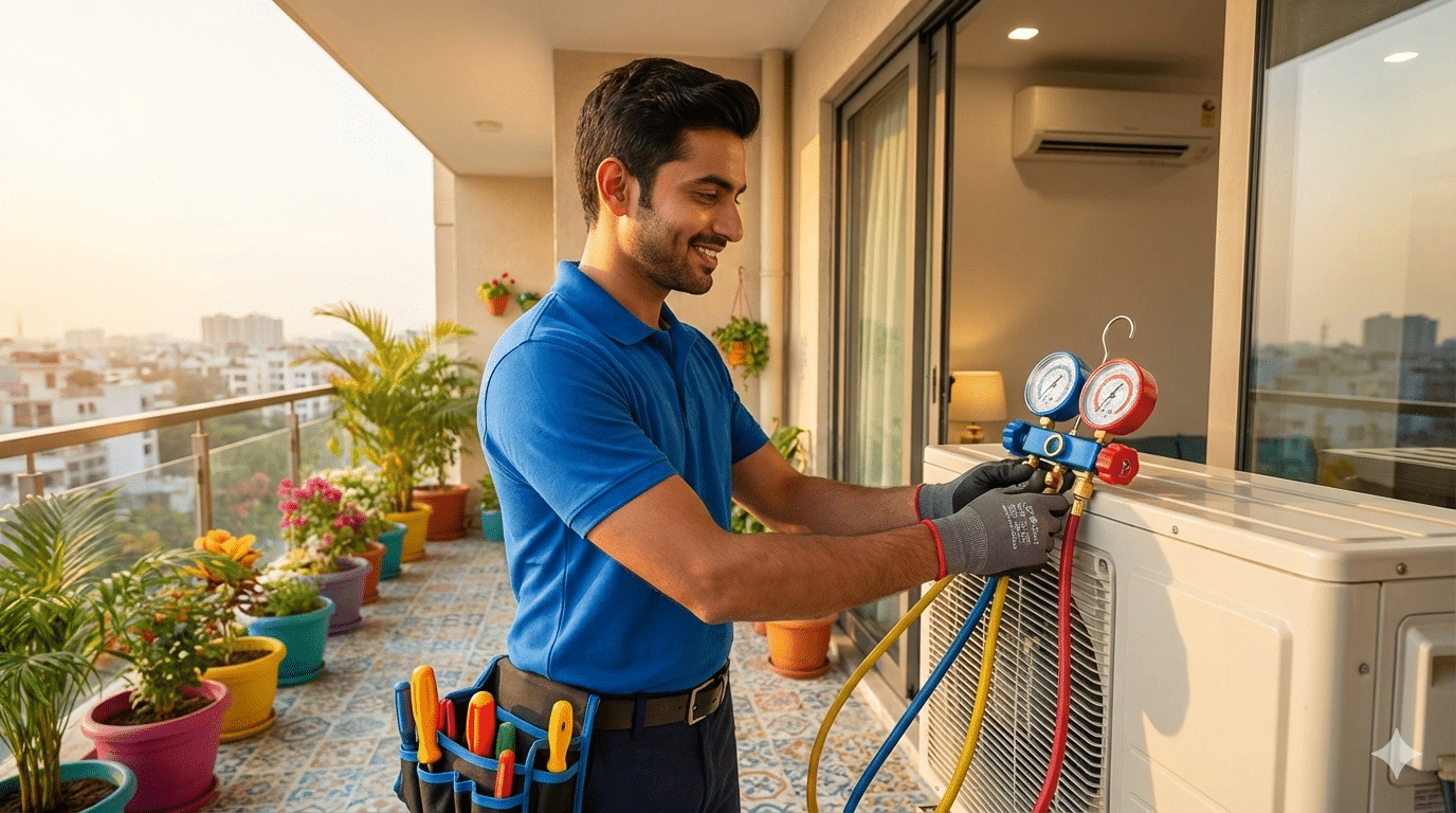 Active AC technician doing AC gas refill at home in Delhi