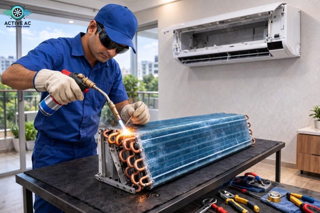 Technician brazing copper pipe during AC repair