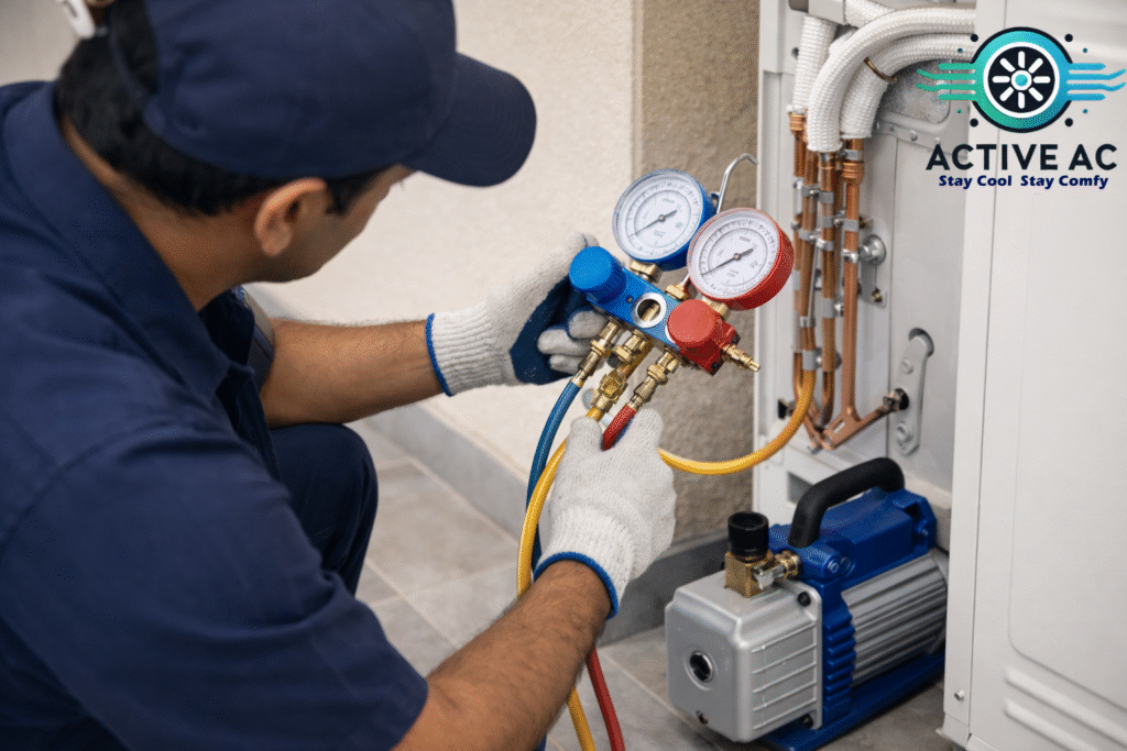 AC installation process using professional tools and equipment