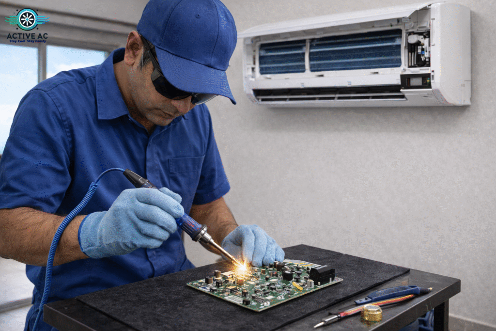 AC technician repairing indoor PCB control board