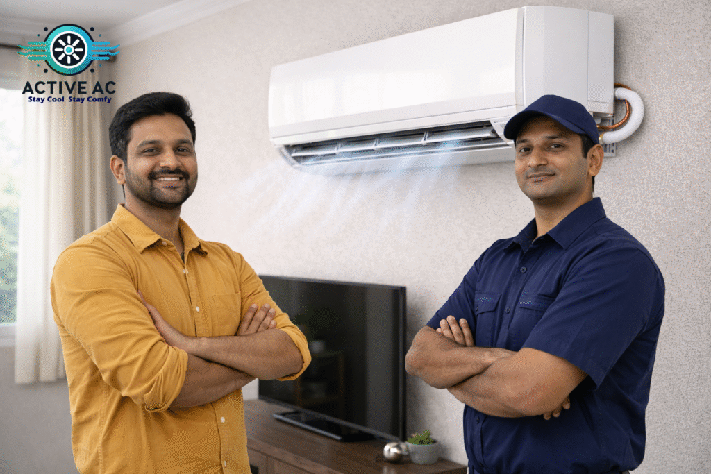 final trust image showing technician and homeowner smiling with indoor unit behind blowing cold air