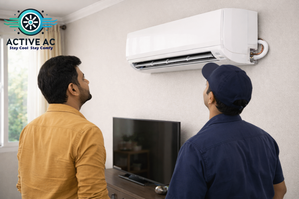 Neatly installed split AC indoor unit with clean piping and finish