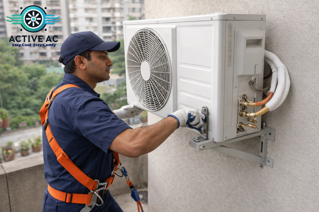 Outdoor AC installation by technician wearing safety jacket